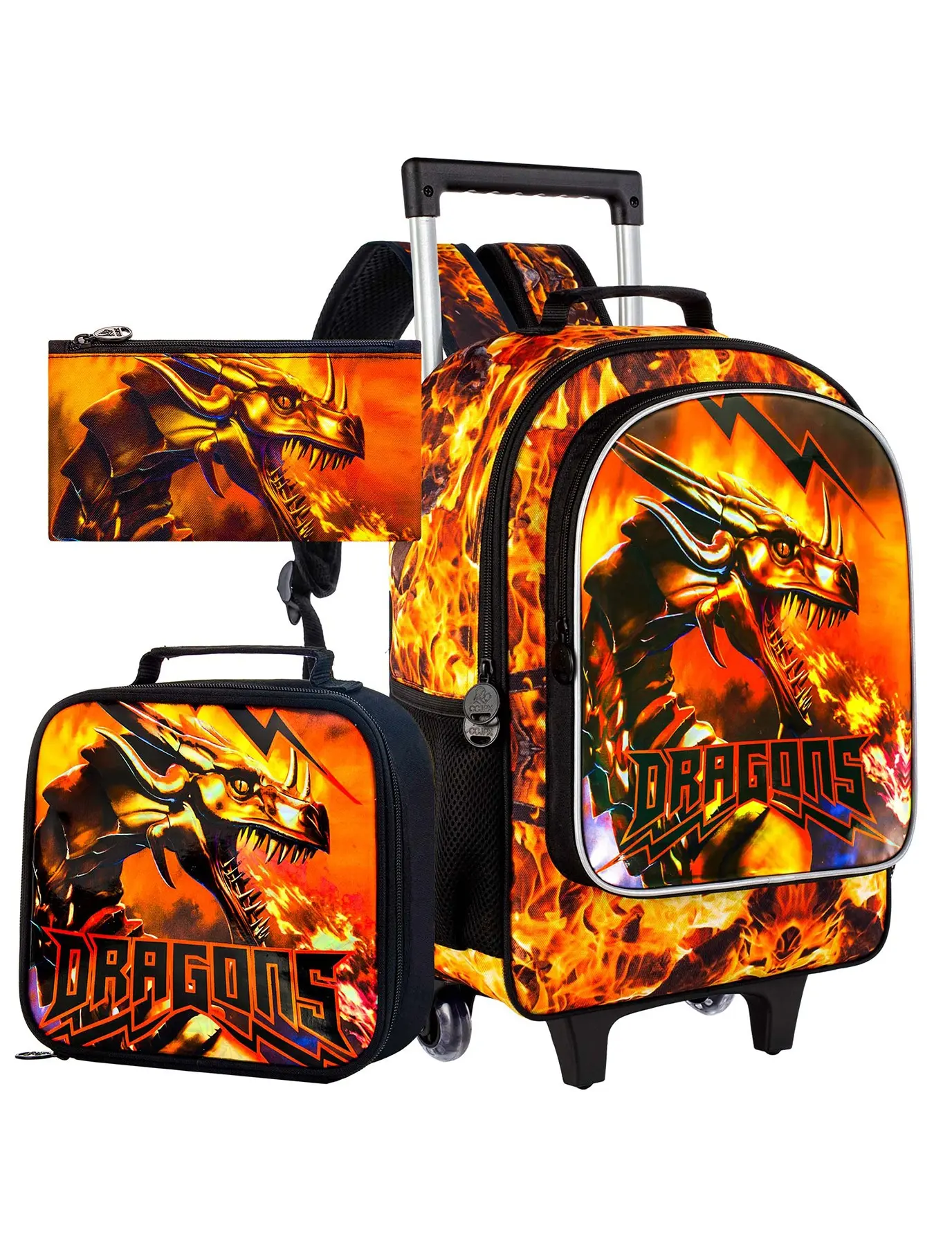3Pcs Fiery Dragon Rolling Backpack Set for Boys - Flame Dragon Print Wheeled School Bag with Lunch Bag & Pencil Pouch - Perfect for Dragon-Loving Kids & School Days School Backpacks