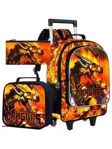 3Pcs Fiery Dragon Rolling Backpack Set for Boys - Flame Dragon Print Wheeled School Bag with Lunch Bag & Pencil Pouch - Perfect for Dragon-Loving Kids & School Days