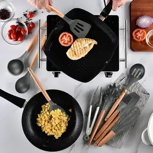 Kitchen Silicone Utensil Set,12 Pcs Non-Stick Silicone Kitchen Cooking Utensils With Wood Handles,Kitchen Spatula Cookware Utensils Set for High Heat Resistant Silicone kitchen Gadgets Set (Grey)