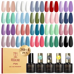 ROSALIND Mini 24 Pcs Gel Nail Polish Set, Multicolored Nude Red White Trendy Shades with 4 Pcs Base, Glossy/Matt Glitter Top Coats, UV Lamp-Dried Manicure Kit for DIY Nail Art at Home, Party Gifts
