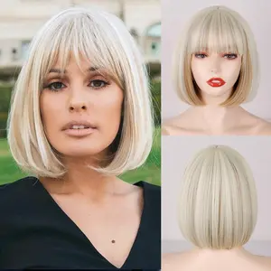 Xinran Short Bob Blonde Wig with Bangs Short Platinum Wigs for Women mixed Brown Platinum Highlights Wigs for Cosplay Party Daily Halloween