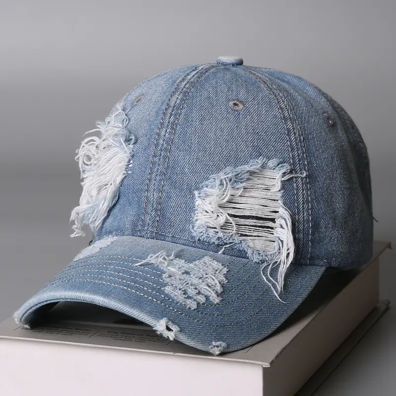 Unisex Vintage Washed Distressed Denim Street Style Baseball Cap, Streetwear Hat, All Seasons, Fashionable Hole Design, One Size Fits All, Trendy Casual Headwear for Men & Women, Hat