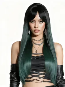 Black and green wig Synthetic high-temperature-resistant fibers Long straight wig with bangs Adjustable rose net cap Suitable for daily wear, as a gift for ladies, or for role-playing - 22 inches