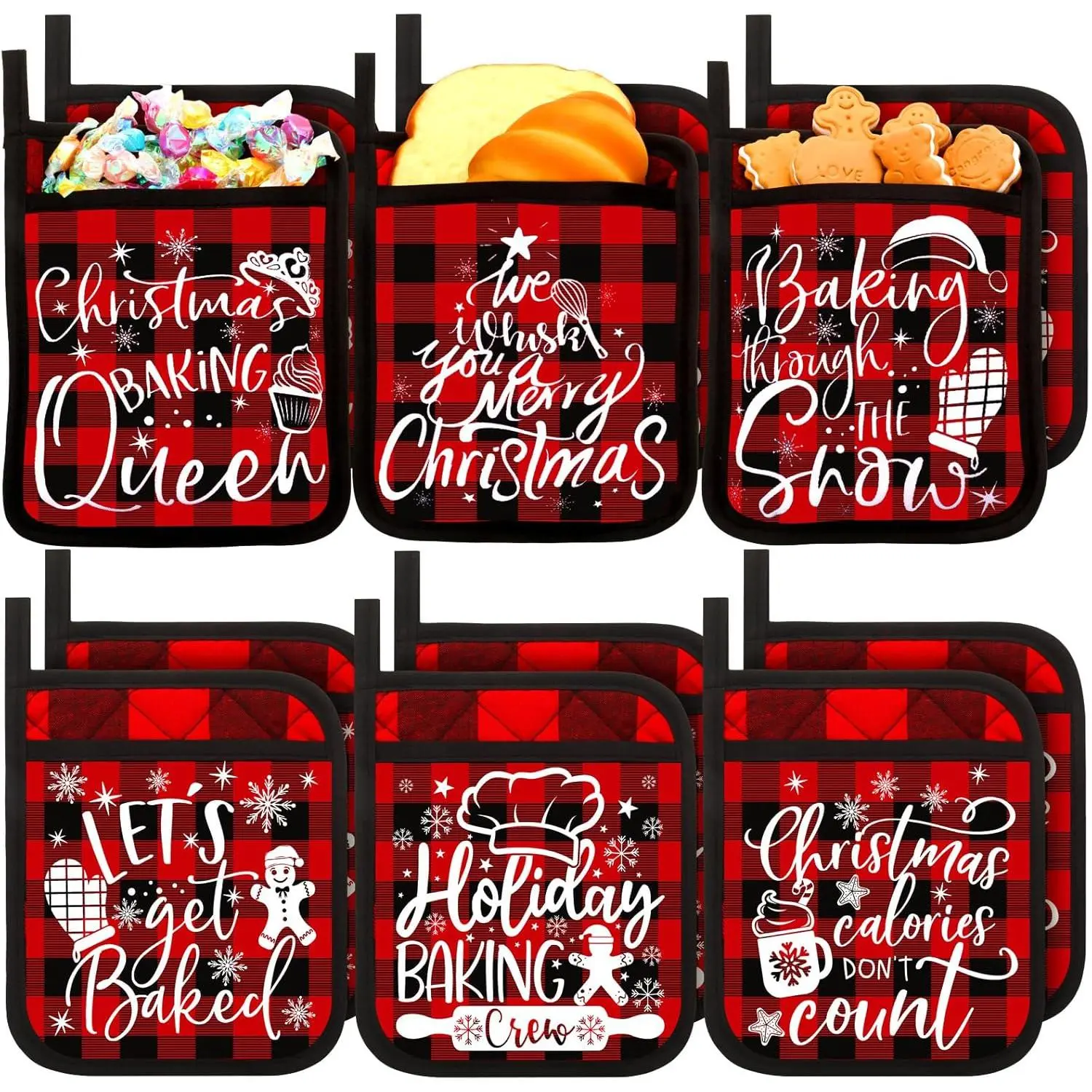 12 count Christmas Pot Holders with Pockets Bulk Teacher Appreciation  for Women Christmas Potholder Oven Mitts for Winter (Red-Black)