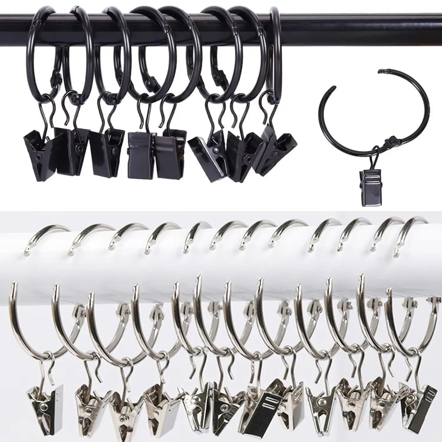 12/24/36 Pack Black Metal Shower Curtain Rings with Clips 1.26 Inch (3.8 cm) Interior Diameter, Fits up to 1.2 Inch Rods, Heavy-Duty Rustproof Decorative Vintage Eyelet Hangers for Drapery, Shower Curtains, Lights, Craft Projects, and Rod Hangers