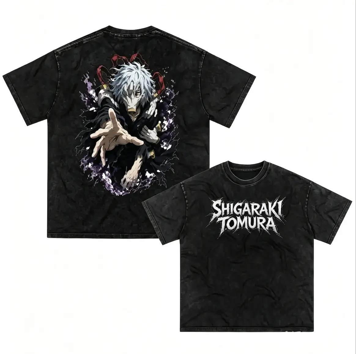 Men's Unisex Oversized Double-Sided Vintage Wash T-Shirt, Dark Shigaraki Tomura Anime Graphic Tee, Streetwear for Manga Fans Punk Style Streetwear Goth Style