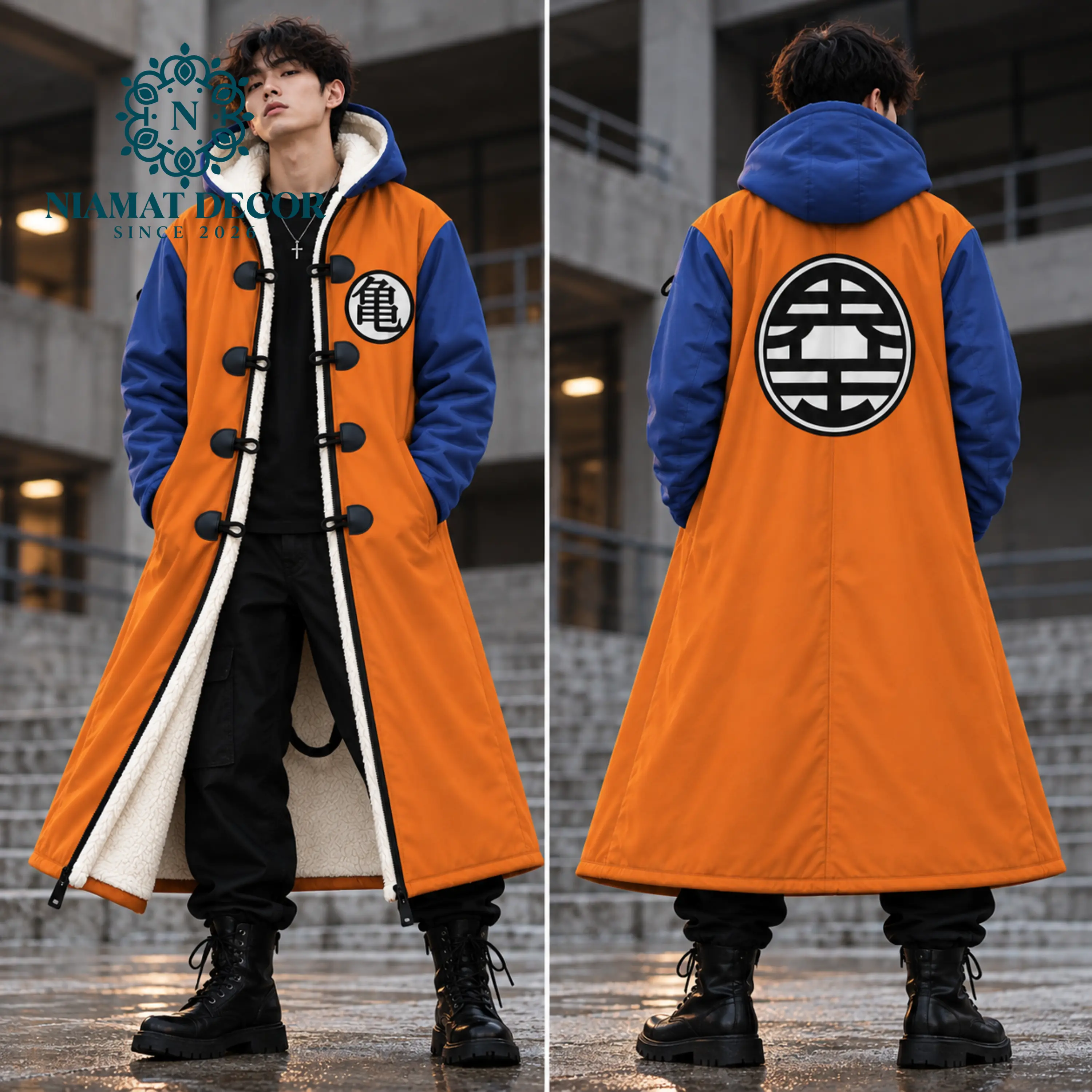 Men's Dragon B Z Inspired Long Hooded Trench Coat, Orange Blue Turtle School Kanji Graphic Cloak with Soft Fleece Lining, Unisex Anime Cosplay Jacket, Toggle Button Closure, Oversized Japanese Streetwear Winter Coat, Halloween Outfit