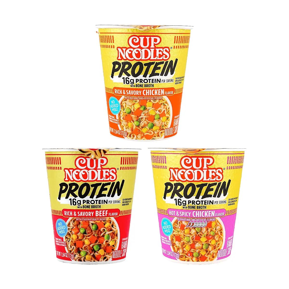 NISSIN Cup Noodles Protein - Rich Chicken, Beef & Spicy Chicken Flavors (3-Pack, 216g) - 16g Protein Per Serving, Bone Broth Base