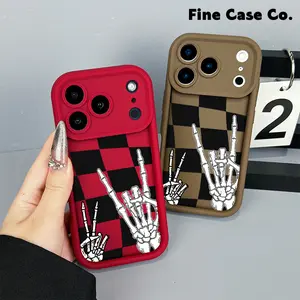 Skeleton Rock Hand Checkerboard Soft Phone Case fits iPhone 17 Pro Max 16 ProMax 15 Plus 14Pro 13 12 11 XS Max XS XR Samsung Galaxy S25 Ultra S24 Plus S23 Shockproof Protective Cover Streetwear Aesthetic
