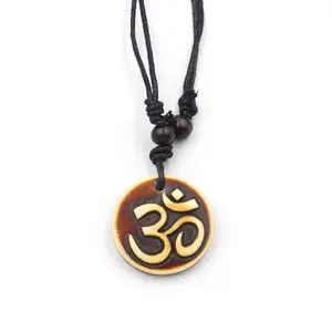 Red-Brown Round Resin Pendant Necklace with Indian Sanskrit OM Symbol, Fashion Jewelry Accessory