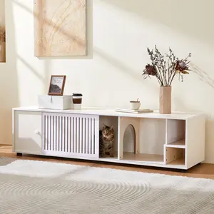 Modern Cream White TV Stand with Storage for 65" TV, Cat Litter Box Enclosure with Removable Sliding Door, Pet-Friendly Entertainment Center