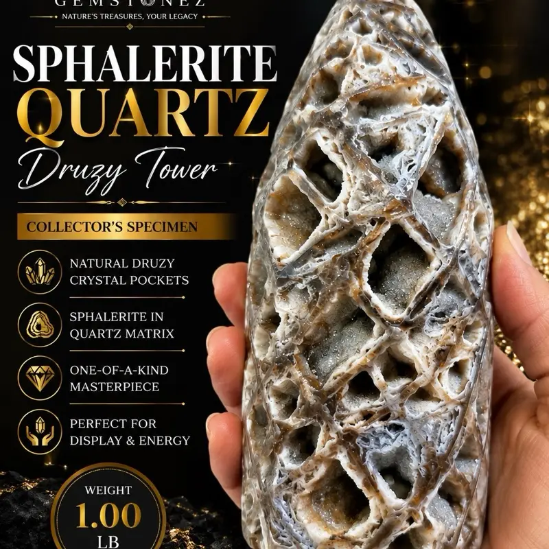 Natural Sphalerite Quartz Druzy Teardrop Specimen 1.00 lb Hand-Polished with Unique Open-Window Formation and Gray Cream Banding for Collectors