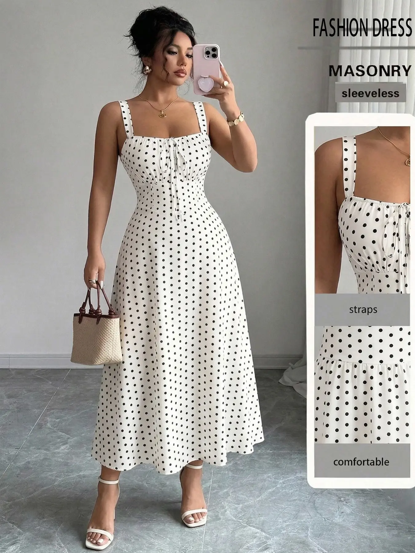 Plus Size Women's Dress, Fitted Casual Polka Dot Design, Strappy Sleeveless, for Summer All Seasons, Casual Dress Style, Stylish Dress for Ages 18-44, Womenswear