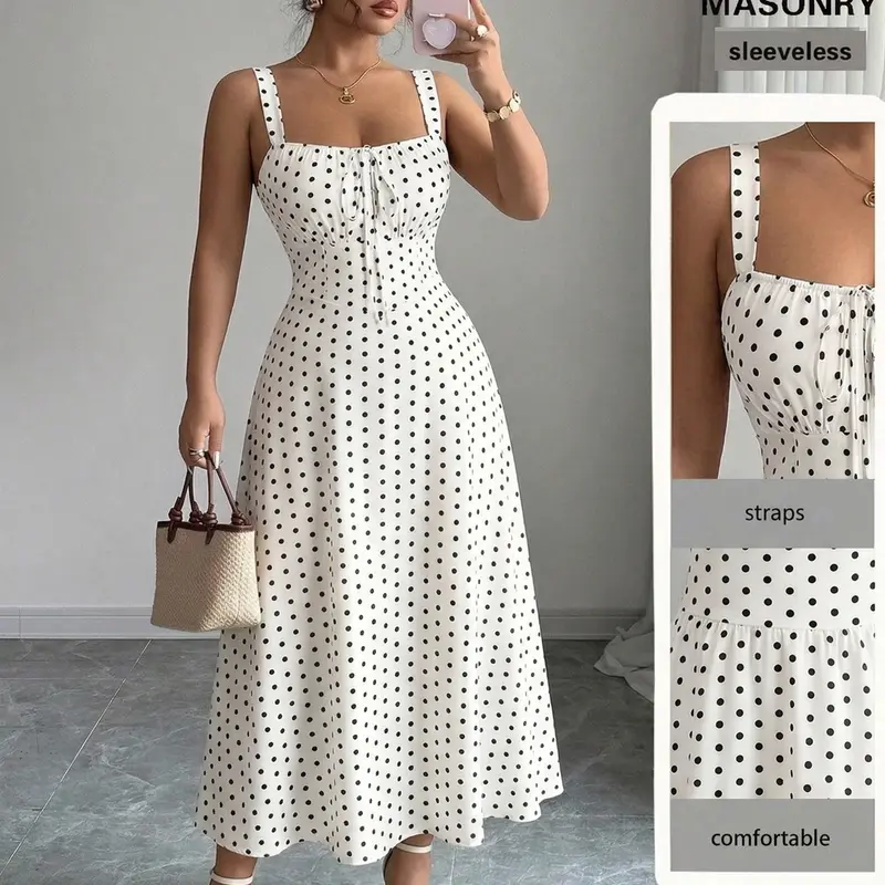 Plus Size Women's Dress, Fitted Casual Polka Dot Design, Strappy Sleeveless, for Summer All Seasons, Casual Dress Style, Stylish Dress for Ages 18-44, Womenswear