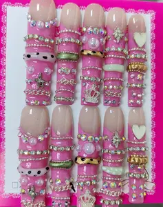 Sweet Cool Pink Bamboo Joint Press On Nails | Heavy Duty Rhinestone Heart Crown Bangle Nails
