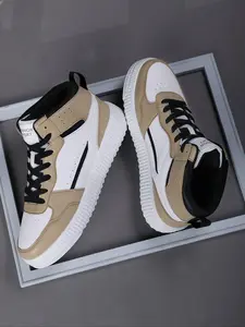 Men's Colorblock Lace Up High Top Sneakers, Casual Sporty Breathable Comfortable Running Shoes, Male All-match Round Toe Sports Shoes for Daily Wear, Casual Running Footwear