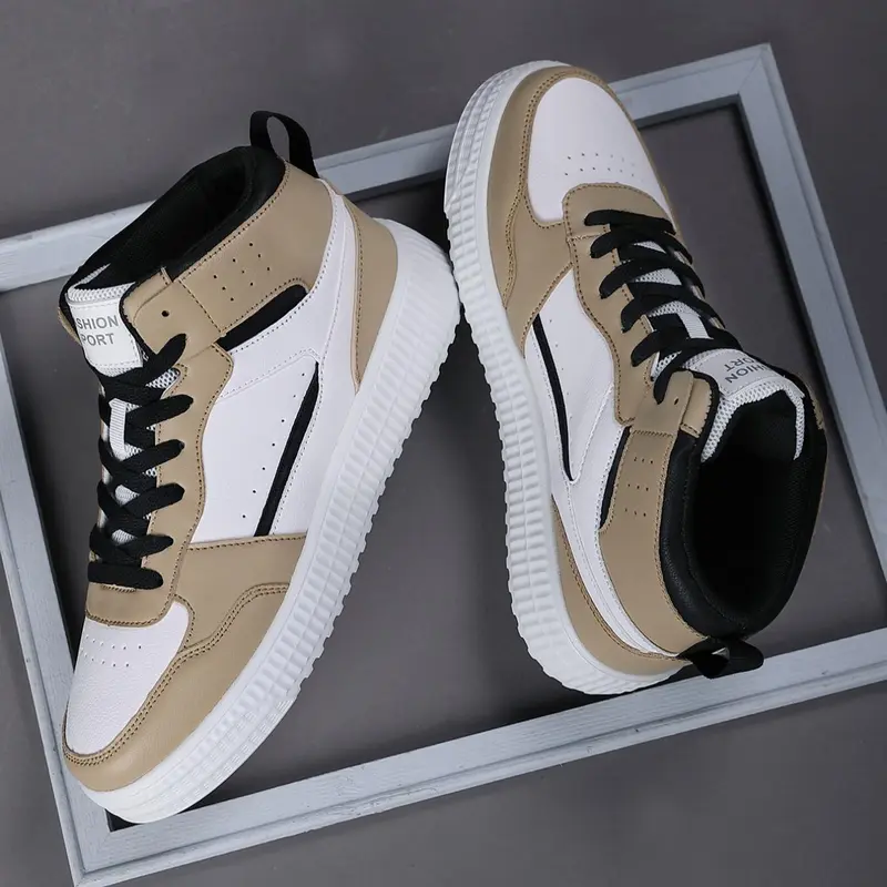 Men's Colorblock Lace Up High Top Sneakers, Casual Sporty Breathable Comfortable Running Shoes, Male All-match Round Toe Sports Shoes for Daily Wear, Casual Running Footwear