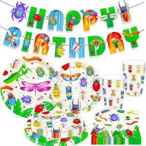 Insect Bugs Party Plates and Napkins - Garden Birthday Banner with Caterpillar and Ladybug Theme