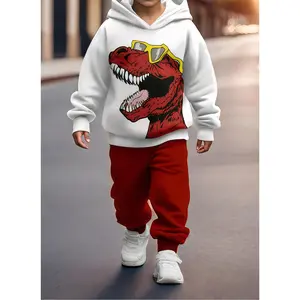 2 Pieces Boys Cartoon Dinosaur Print Sweatshirt Sports Set, Hooded Sweatshirt + Jogger Pants Sports Youth Clothing.Comfortable Fabric, Spring and Autumn Season, 2 Piece Sweatshirt Set.Suitable Outdoor Use, Very Suitable Outdoor