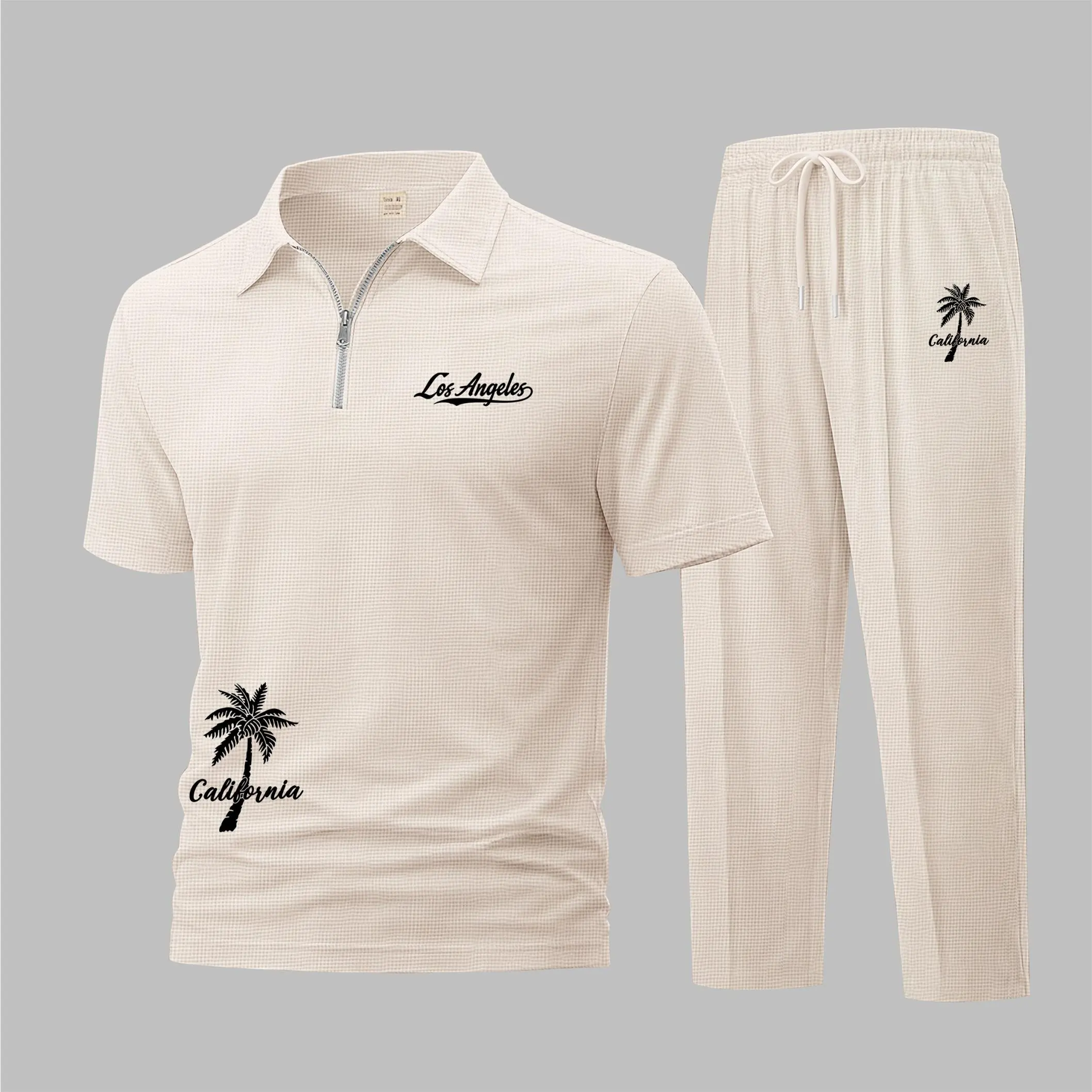 Men's Los Angeles California Letter Print Half-Zip Polo Shirt And Drawstring Pants Set For Spring/Summer, Casual Short-Sleeved Top And Long Pants Two-Piece Outfit For Daily Wear, Sports And Relaxed Lifestyle