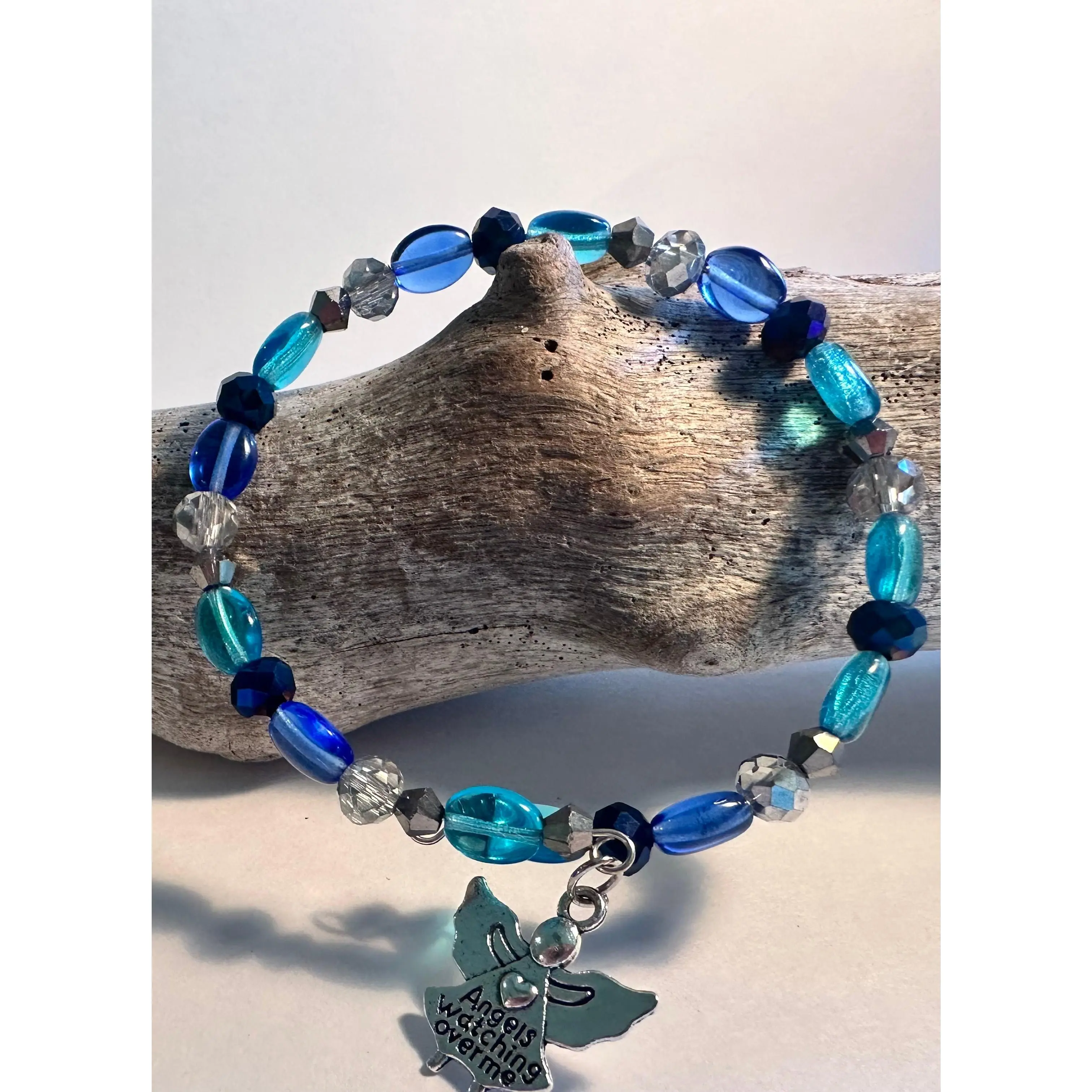 Baby Blue Glass Beads with Angel Charm- Bangle Style single Memory Wire