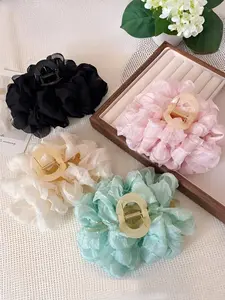 Fluffy Large-Sized Embroidered Bow Hair Claw, Soft Fashion Cross Shark Clip, Casual All-Season Accessory, women's hair clips