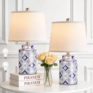 Chinoiserie Ceramic Table Lamps for Living Room, Small Bedside Lamps Set of 2 with Linen Lampshade, Modern Traditional Blue and White Lamp for Bedroom Office Nightstand Home Decor(Bulbs Included)