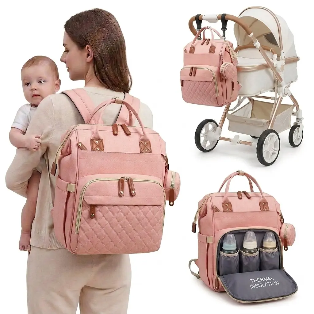 Unisex Quilted Fabric Diaper Bag Organizer, Waterproof Lightweight Diaper Backpack, 3 Insulated Bottle Holders, Detachable Stroller Straps, Large Capacity Bag for Parents