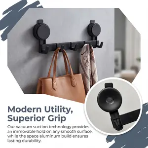Matte Black 5-Hook Metal Suction Cup Hanger - No-Drill Heavy-Duty Removable Aluminum Organizer, Waterproof, Rustproof, Hangable for Coat, Umbrella, Key Bag, Kitchen, Glass, Entryway Walls