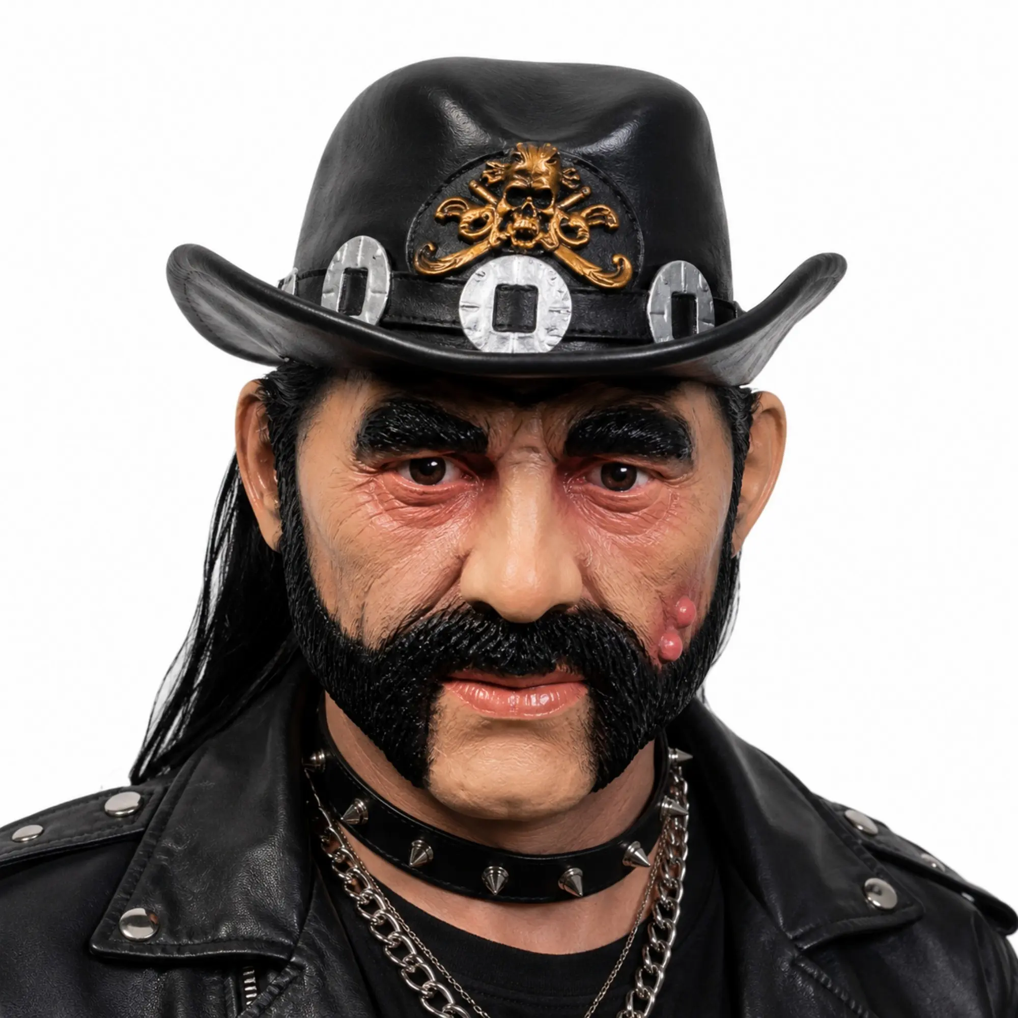 Heavy Metal Rocker Latex Mask with Hat and Mustache, Lemmy Kilmister Biker Musician Full Headpiece, Halloween Costume Prop, Adult Cosplay Accessories, Party Face Masks