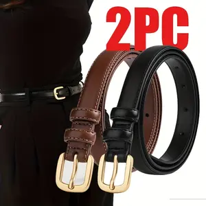Women’s Genuine Leather Thin Belt Set, French-Style Design – Brown, Elastic Buckle Ring, Perfect for Summer Outfits and Dresses, Elegant Accessory | Stylish Buckle Ring Design