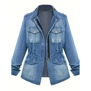 Women's Denim Jacket Ripped Long-Sleeve Zipper Denim Shirt Casual Jacket with Pockets