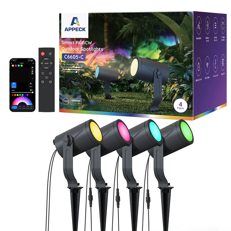 Appeck Spot Lights, IP67 Waterproof Outdoor Lights, Smart RGBICW Color Changing Landscape Lighting with WiFi APP/Voice Control, Aluminum LED Pathway Lights, 4 Pack