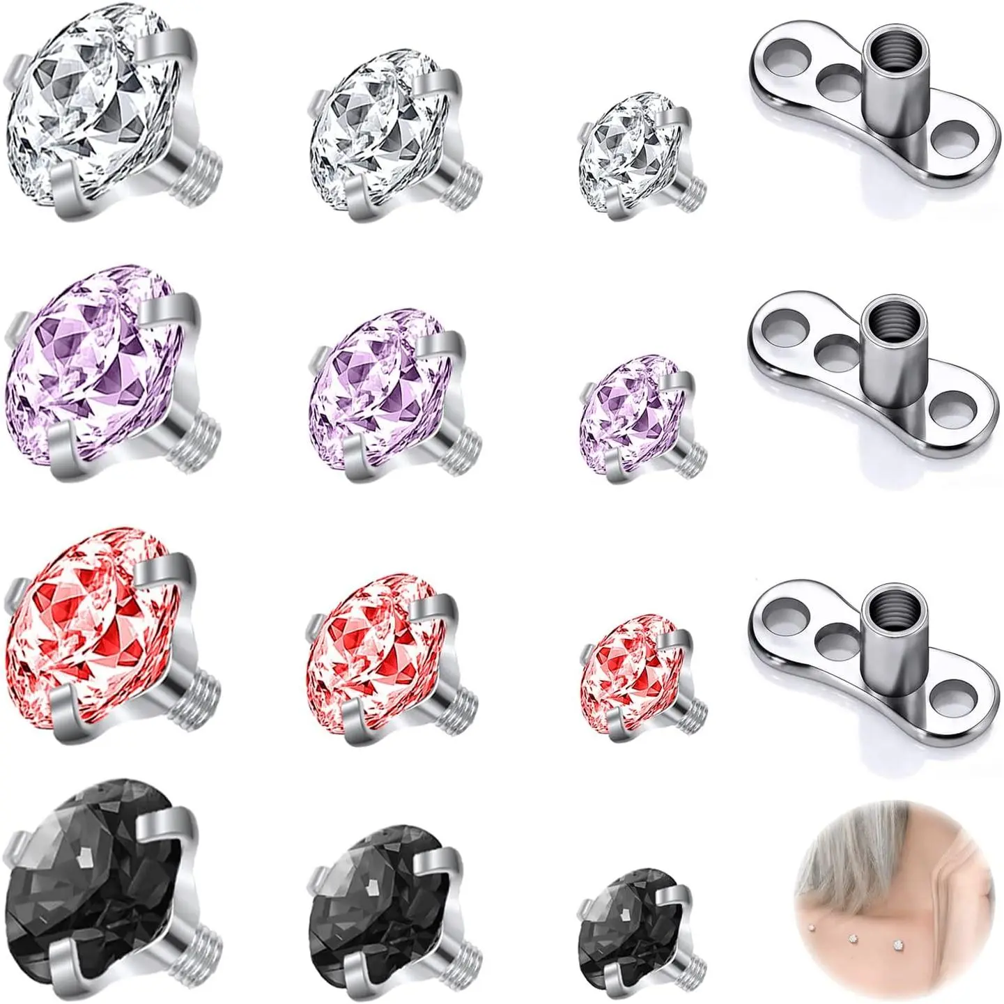 14-15Pcs 16G Stainless Steel Dermal Piercing Jewelry with Diamond CZ Dermal Anchor Tops for Men, Women