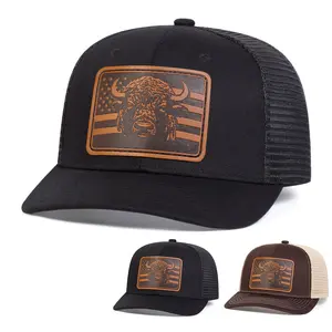 Unisex Brown Flag Bull Head Leather Patch Baseball Mesh Cap Hat Micro Curved Cap Outdoor Adjustable Sunscreen Leisure Hat Travel Tourism Beach Vacation