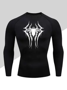 Men's Compression Long Sleeve Shirt, Tight-Fit Muscle Gym Top, Spider Print Chest, High Elastic Fabric, Breathable Design, Athletic Compression Shirts
