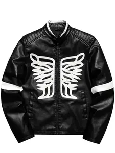 Men's Wing Patched PU Leather Motorcycle Jacket, Dual Collar Streetwear Casual Outerwear, Hip Hop Punk Vintage Top