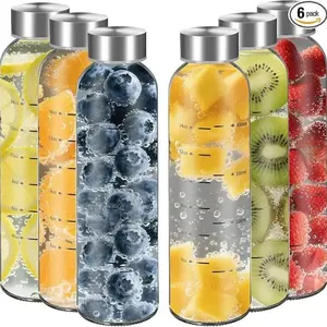 Reusable Glass Juice Bottles 4Pack 6Pack Clear Water Bottle with Stainless Steel Cap 100% Leak Proof BPA Free Drinkware Washable Tumbler for Refrigerator Bottled Hydration Bottles