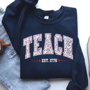 Floral USA Teacher Sweatshirt Shirt, American Teacher Tee, Teacher Est 1776 Shirt, Girly 4th of July Outfit, Patriotic Teacher Gift
