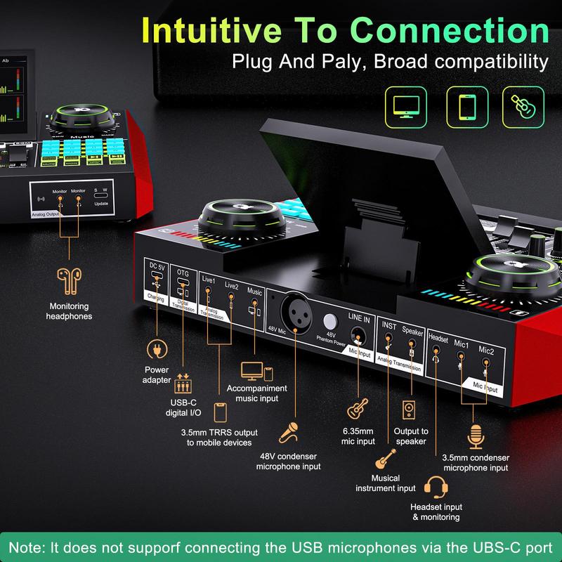 Tenlamp G10-Series Audio Mixer, Live Sound Card with XLR Microphone Connector, Professional Chipset, 48V Phantom Power Supply, One Touch Noise Reduction, One Touch Voice Change for Podcast,Recording,Vocal,Game Voice#TikTokShopBlackFriday