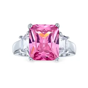 Classic 8CT Pink CZ Emerald Cut Statement Engagement Ring .925 Sterling Silver Baguette Accent