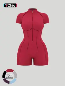 Women's Sportswear Half-Zip Stand Collar Shapewear Yoga Jumpsuit, Workout Jumpsuit, Casual Slim-Fitting Short Sleeve Jumpsuit for All Seasons, Home Training and Butt-Lifting Yoga Wear