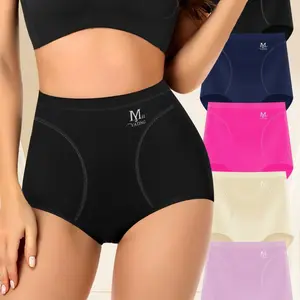 Women's 5-Pcs High-Waist Tummy Control Ice Seamless Polyester Panties - Lady's Minimalist Basic Triangle Briefs, Comfortable Fit, Body Shaping, Butt Lifting, Summer Thin Style