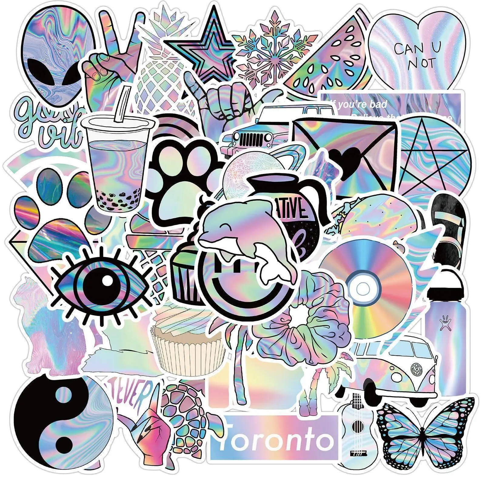 50pcs Holographic Laser Series Graffiti Sticker Set, DIY Creative Supplies For Decorating Walls, Doors And Furniture, Funny Stickers Packs, Stickers G