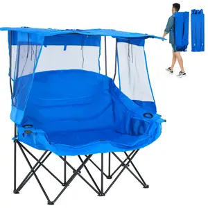 Lilypelle XXXL Double Camping Chair with Shade Canopy, 2 Person Folding Beach Chair with Cup Holder Carrying Bag, Heavy Duty Steel Frame Collapsible Camp Chairs for Outdoor Garden Patio Lawn Sports