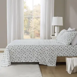 360 Stand True North by Sleep Concepts TN20-0618 Wrinkle-Free 100% Cotton Flannel Printed Sheets Set, Black Snowflakes, All Seasons, for California King Bed