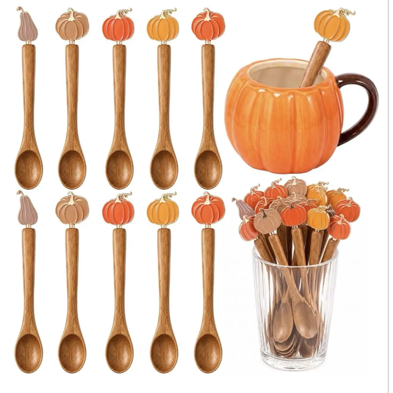 10-Piece Wooden Handle Pumpkin Spoons, Halloween Set Fall Kitchen Cutlery, Decorative Tableware Accessories for Holiday Supplies