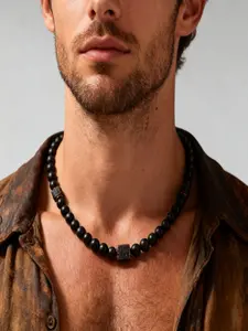 Men's Industrial Beaded Necklace, Volcanic Rock & Matte Glass, Confidence & Grounding Jewelry, Stylish Accessory for Everyday.deal for streetwear, biker, minimalist, and modern masculine aesthetics, elevating any casual or edgy outfit.