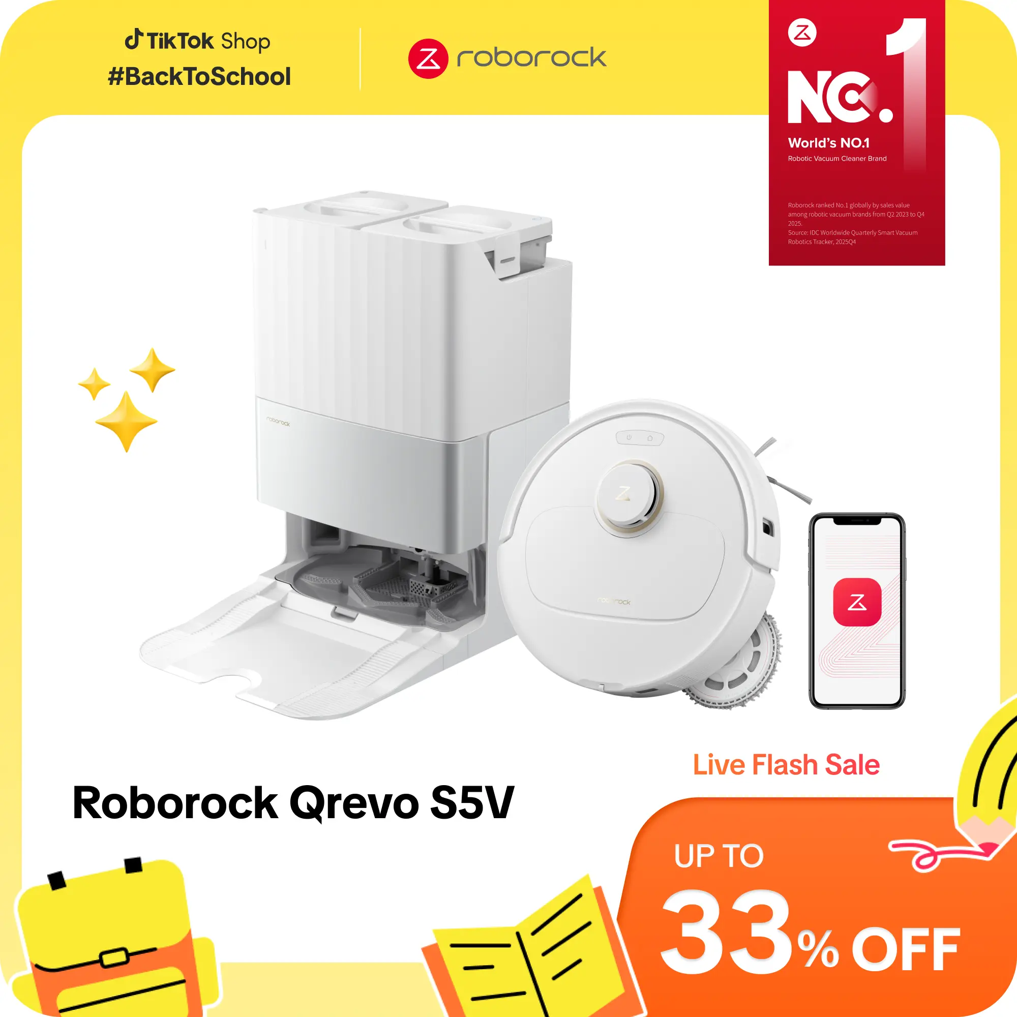 Roborock Qrevo S5V Robot Vacuum and Mop - 12000Pa Suction, Automatic Self-Cleaning Vacuums, Mop Washing, FlexiArm Edge Mopping, Warm Air Drying, Self-Emptying #TikTokShopBackToSchool