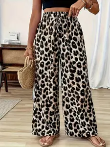 Plus Size Leopard Print Elastic Waist Wide Leg Pants, Comfortable High Stretch Fabric, Stylish Women's Casual Wear